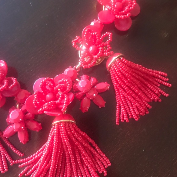 J Crew Red Flower & Tassle Statement Necklace - Picture 2 of 2
